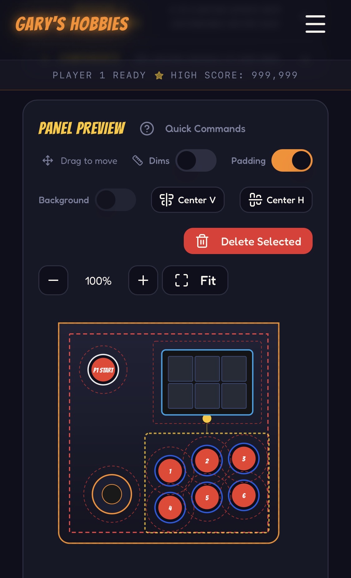 Website layout with P1 Start upper-left, a six-key Stream Deck-style unit upper-right, joystick lower-left and six action buttons lower-right