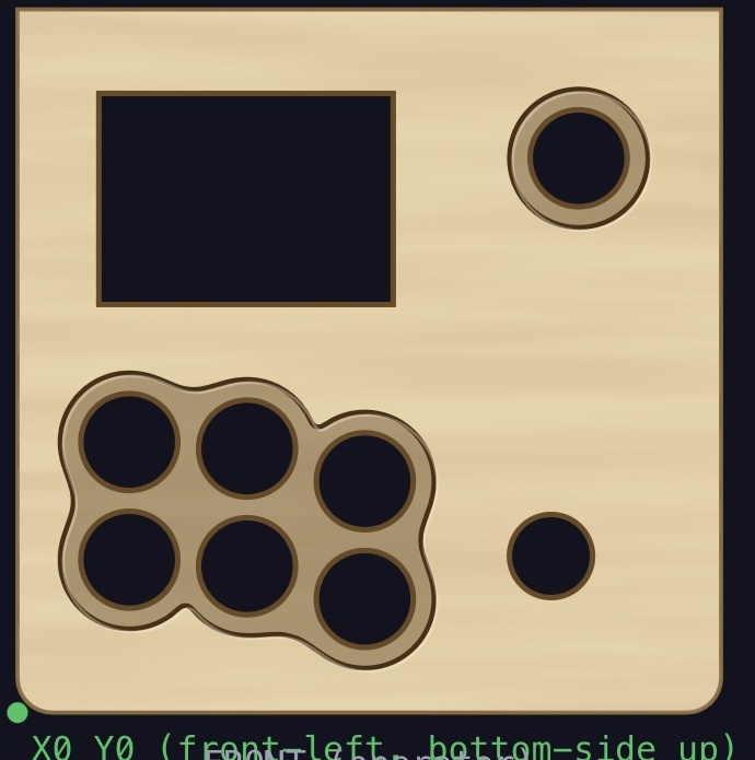 Bottom-side-up wood preview with rectangular opening on the left, start recess on the right and a shared scalloped button relief pocket