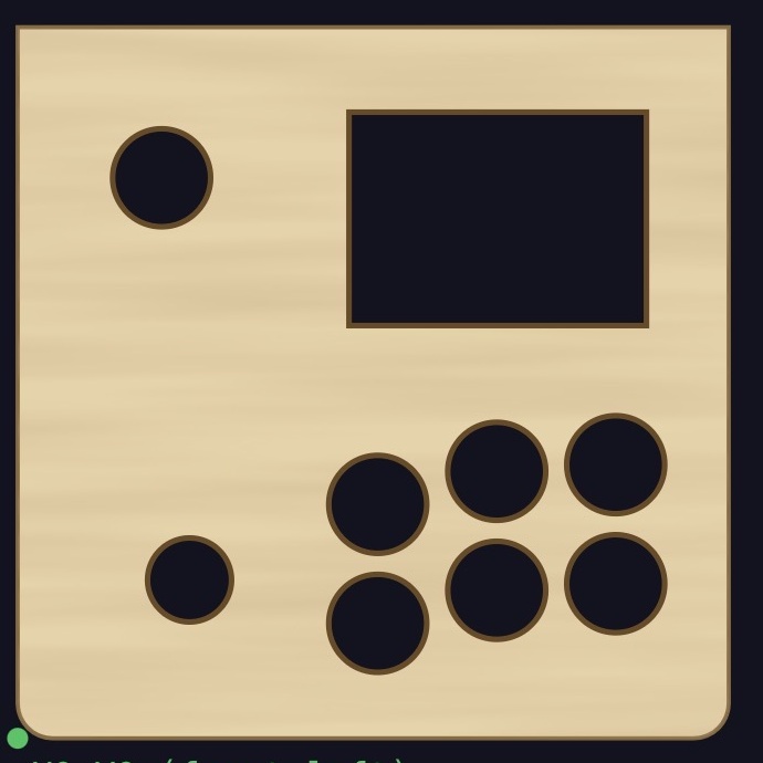 Wood top preview showing the circular control openings and a single rectangular opening for the six-key device body