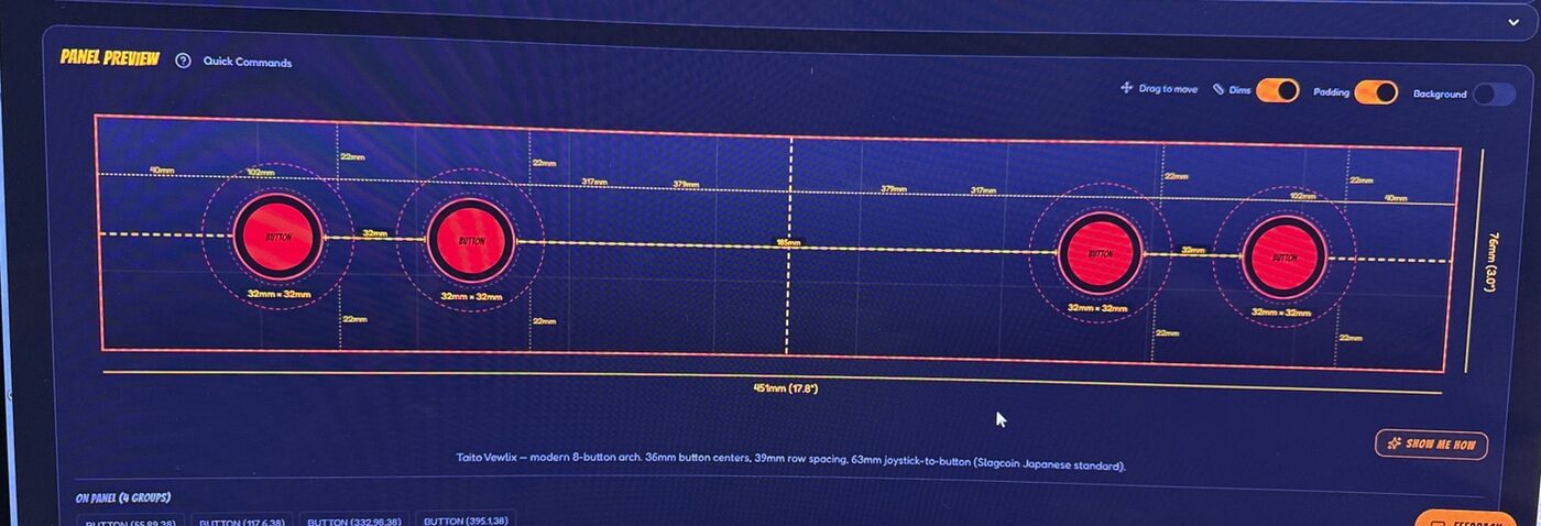 Gary's Hobbies panel configurator showing the four-button front-panel layout