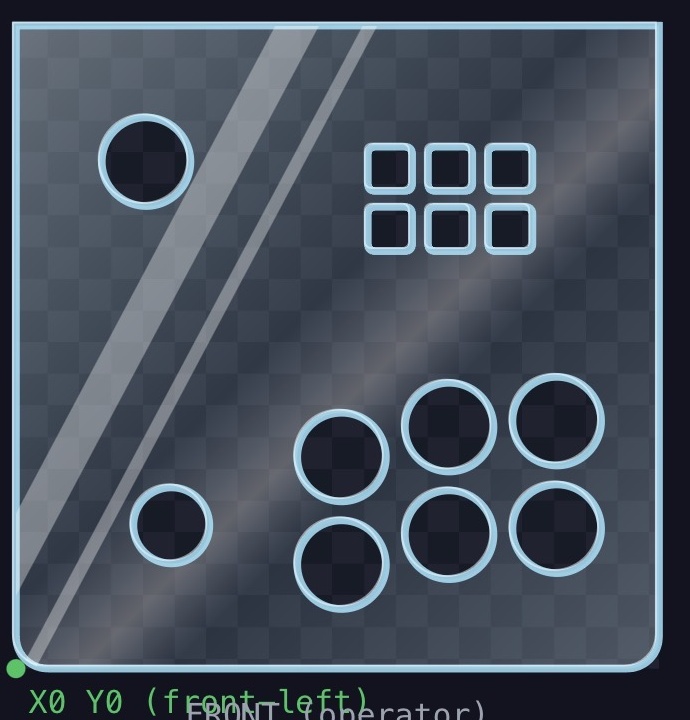 Plexiglass preview with six separate rounded square key apertures and circular control openings